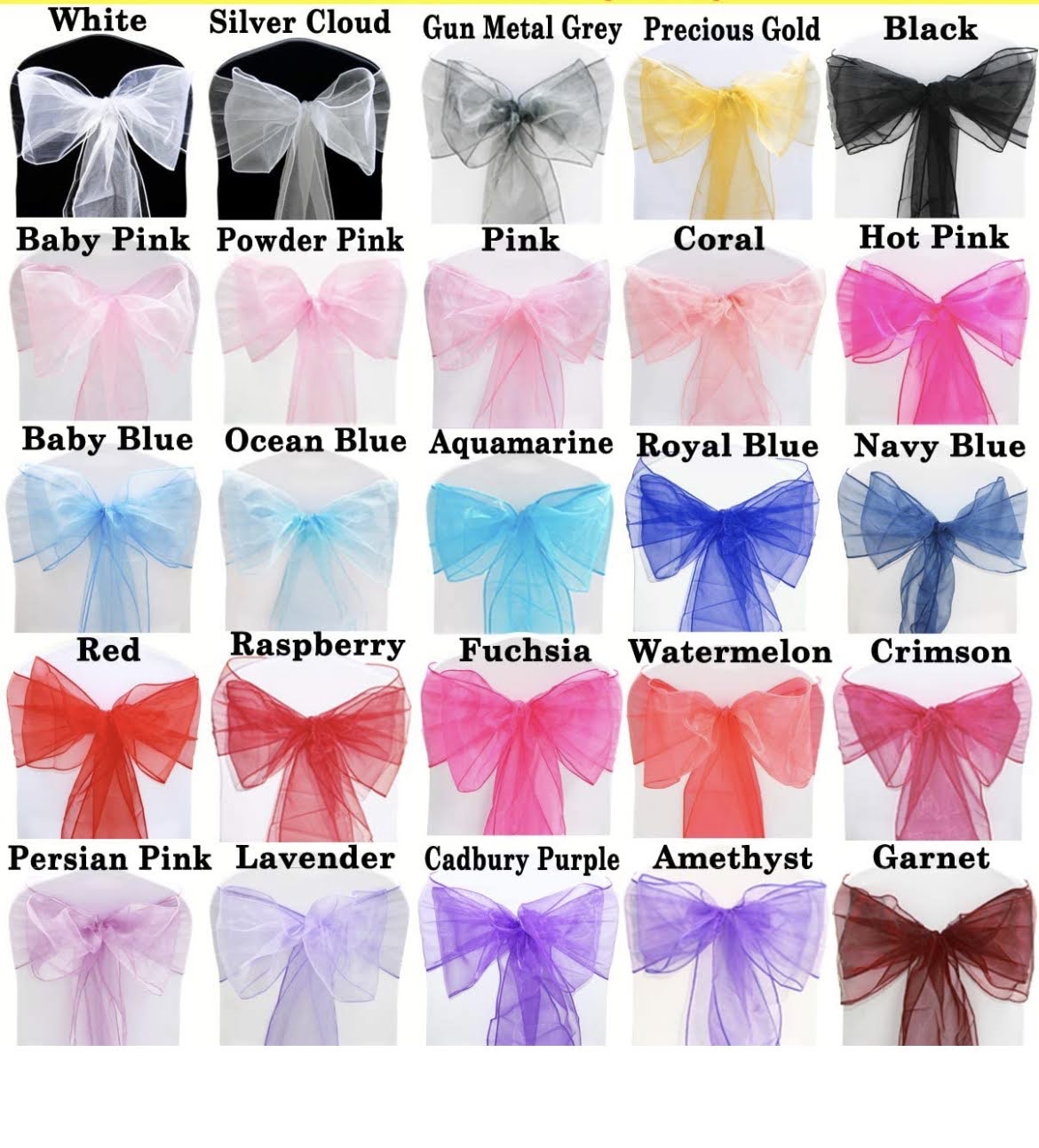 A chart of 25 organza chair sash bow colour options including whites, blues, pinks, reds, purples and gold