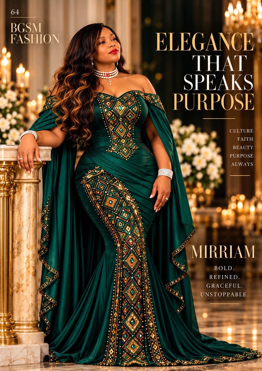 Green gown with gold decorative embellishments