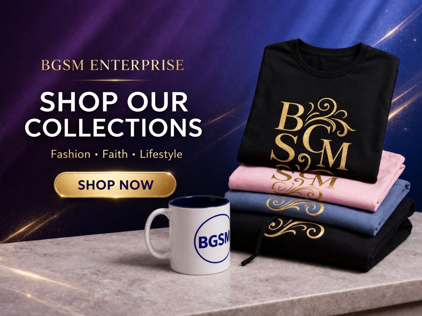 BGSM Enterprise collections banner featuring shirts, mugs and hoodies
