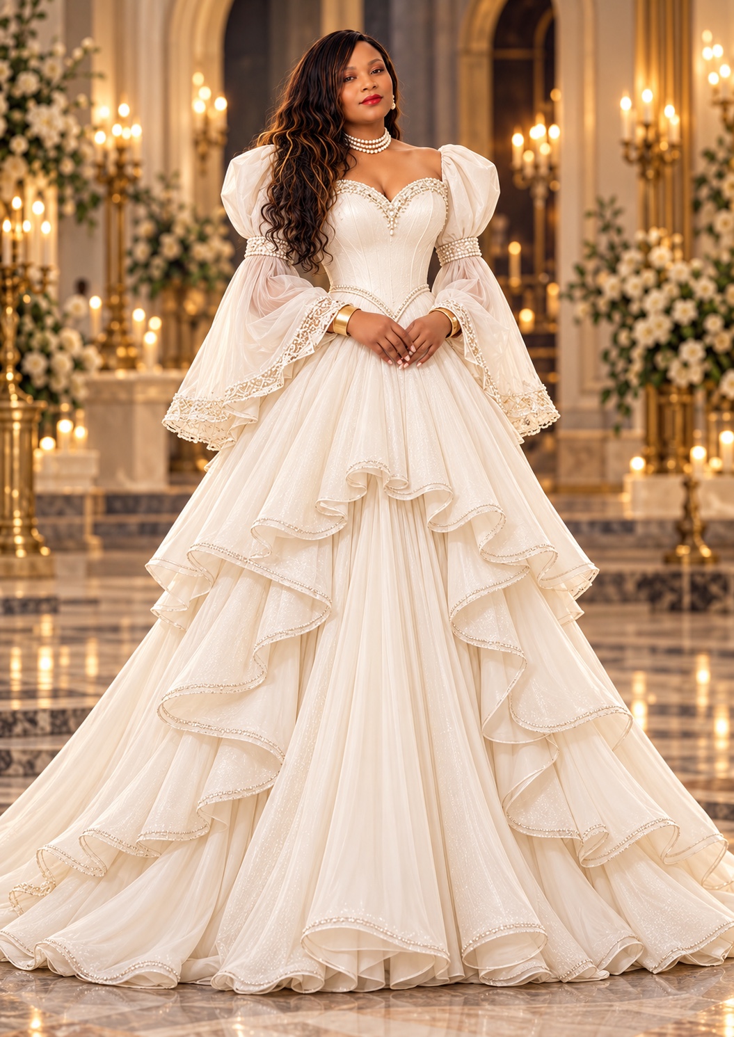 Cream couture gown with dramatic sleeves