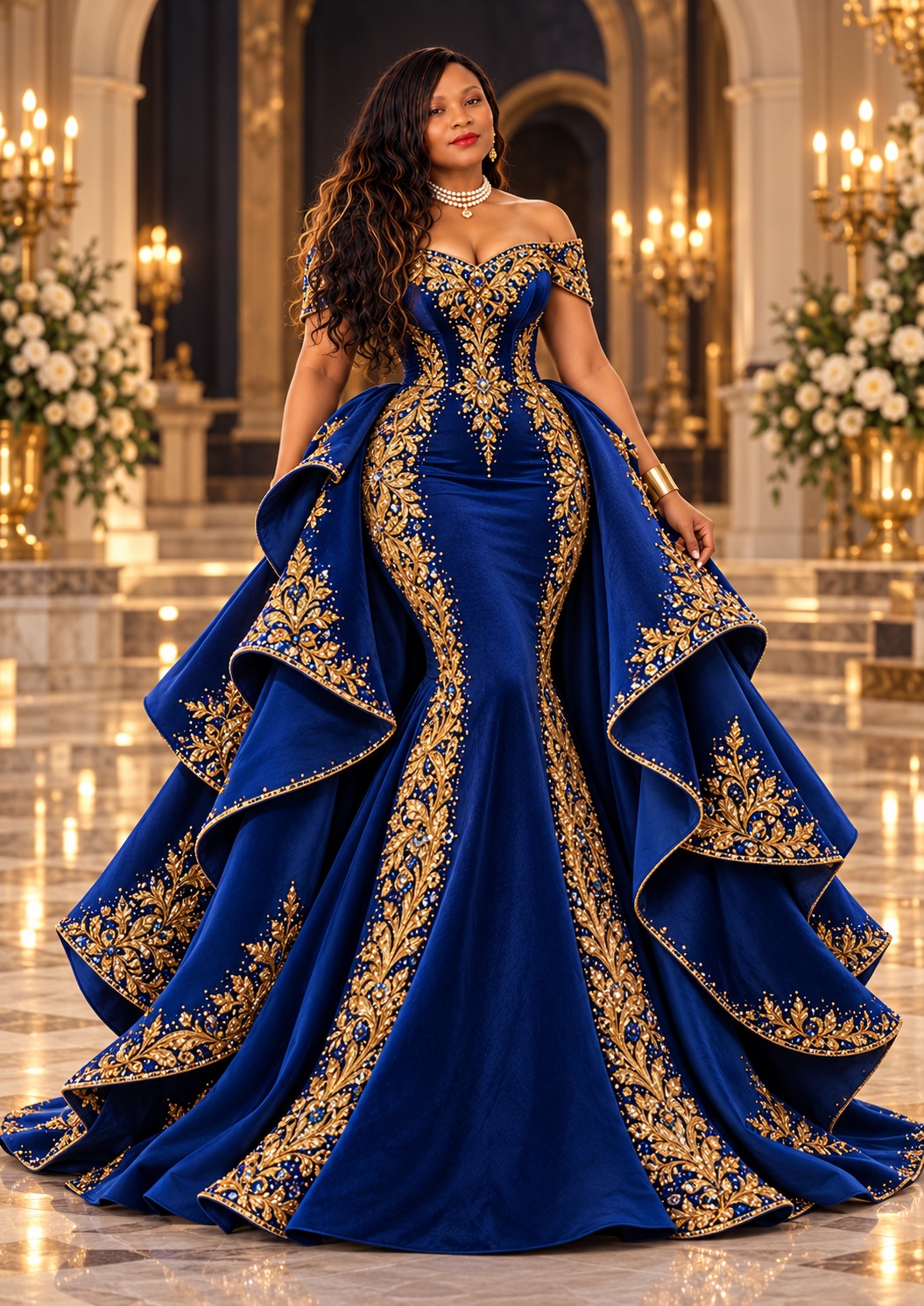 BGSM designer in a royal blue and gold formal gown