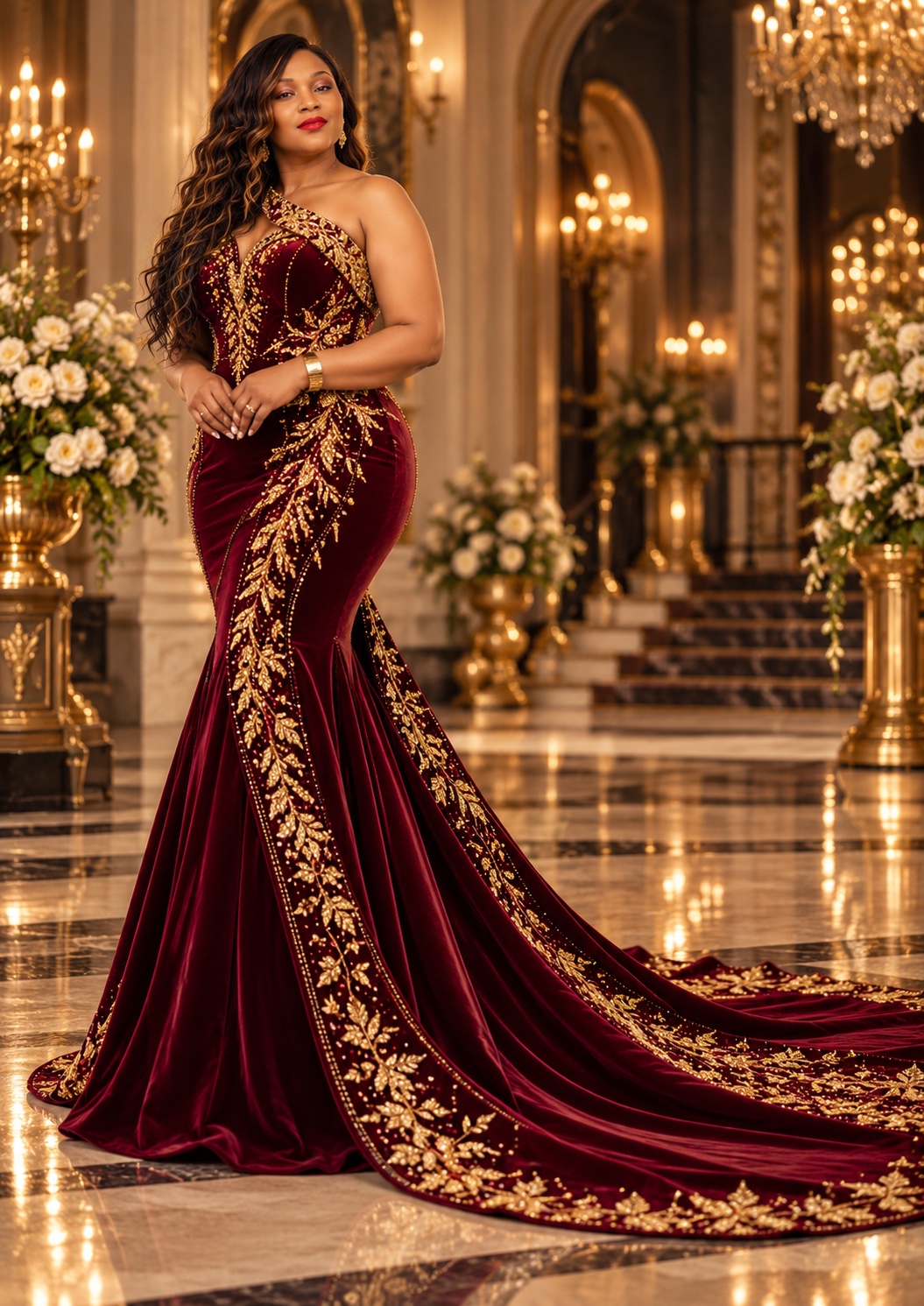Burgundy evening gown with ornate detailing