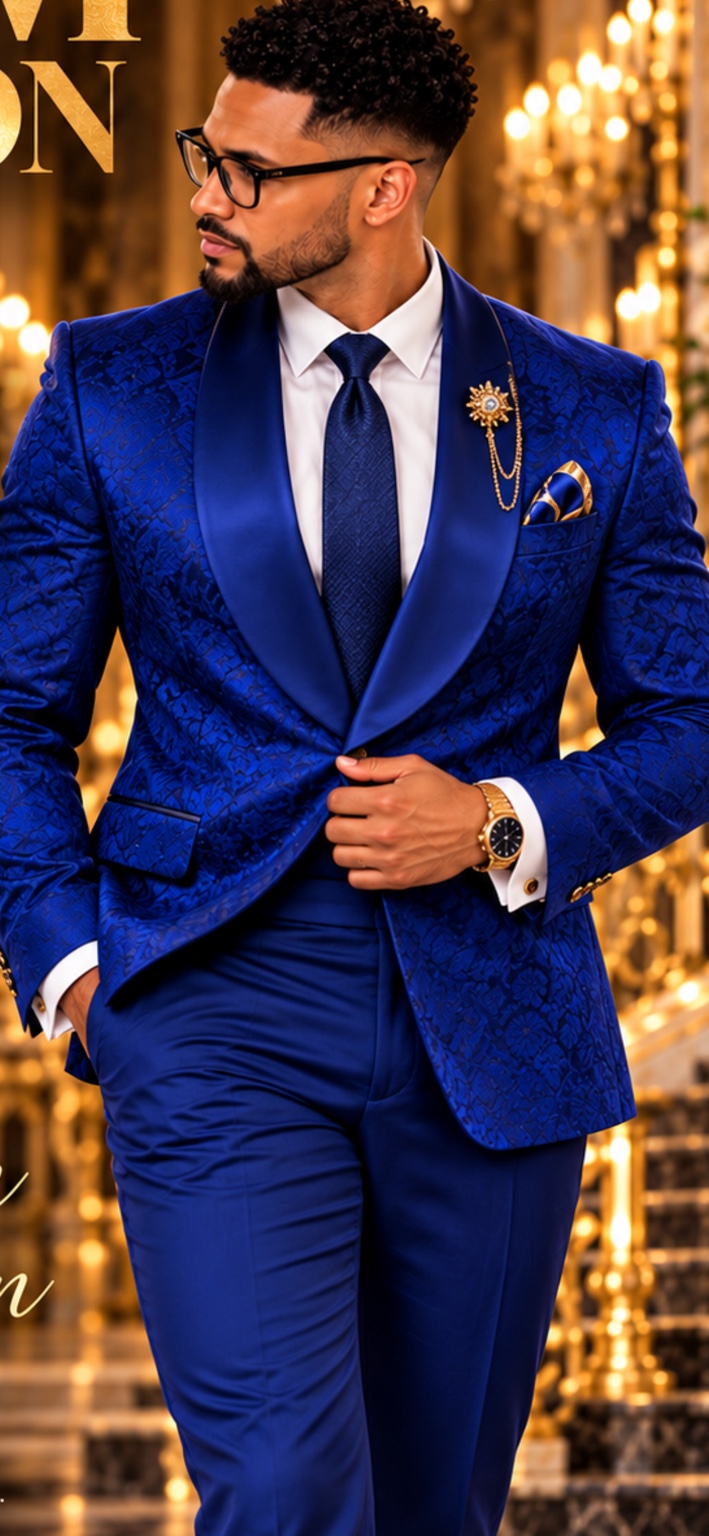 Model showcasing BGSM royal blue tailored suit