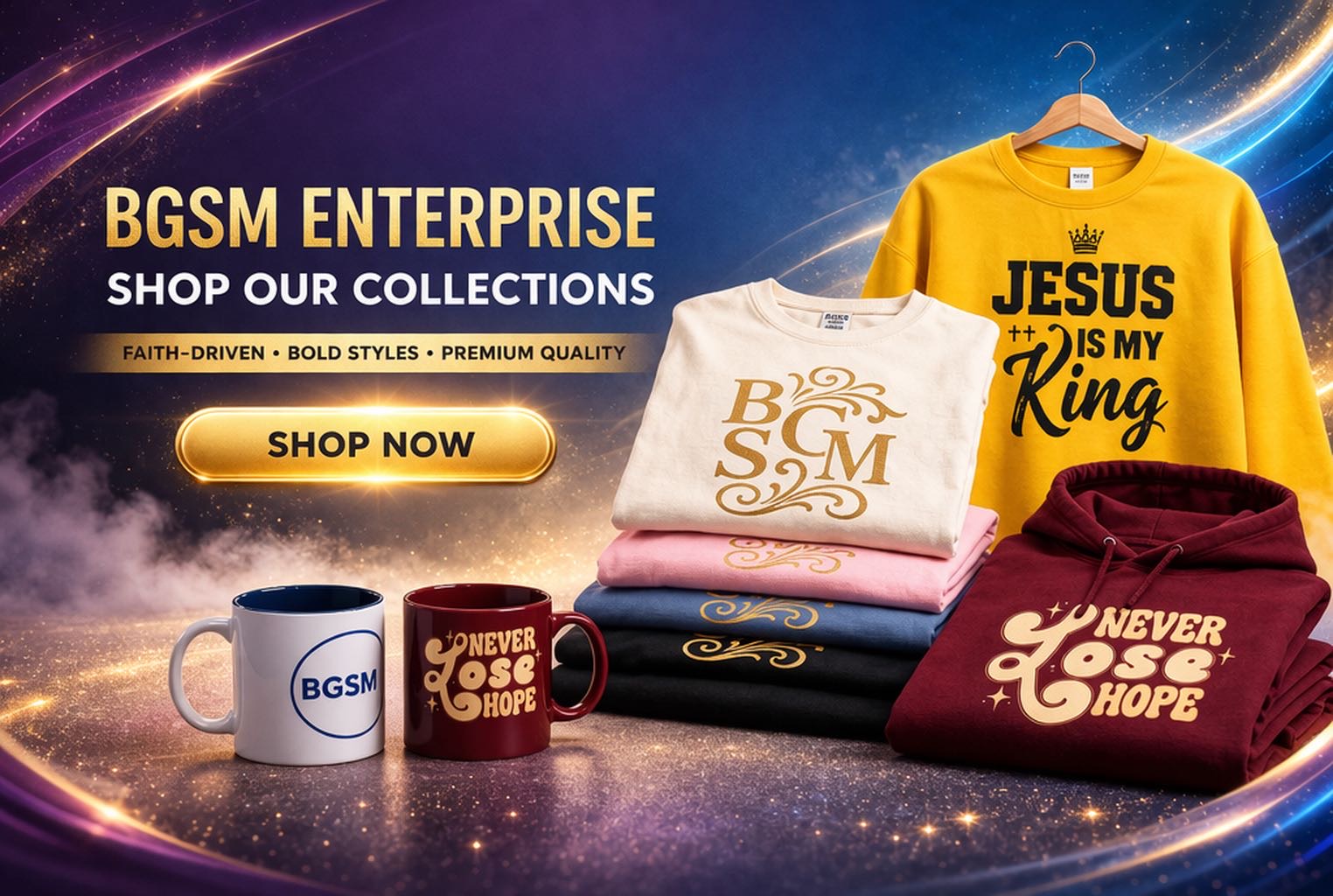 Colourful BGSM branded T-shirts and gospel-inspired apparel