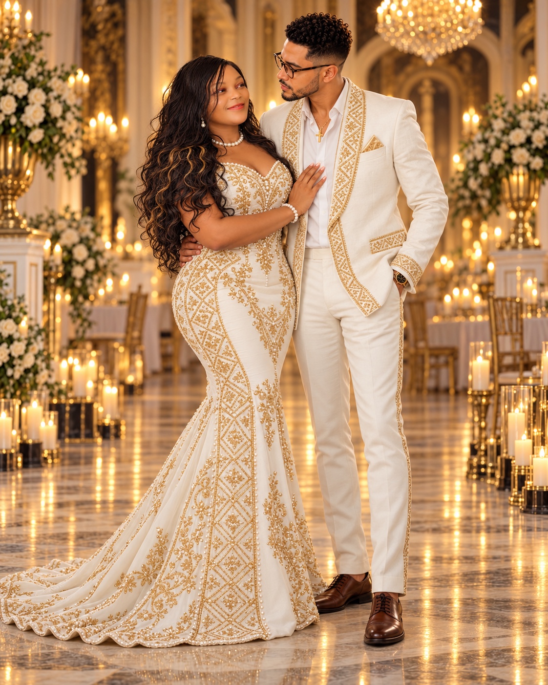 BGSM coordinated ivory gold couple couture design